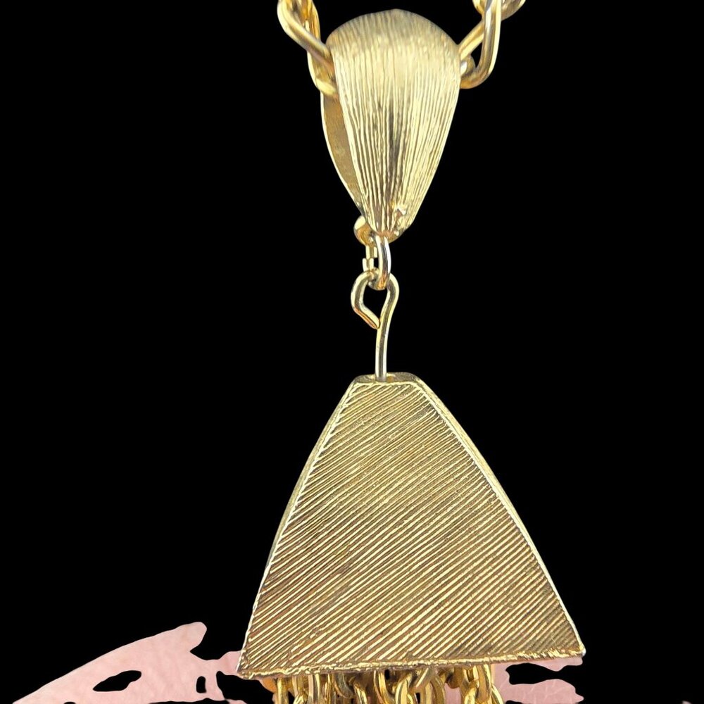 Gold Tone Tassel Necklace With Textured Pendant & Chain Links - Picture 4 of 10